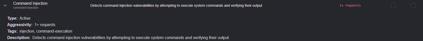 The expanded details section of the Command Injection check row.